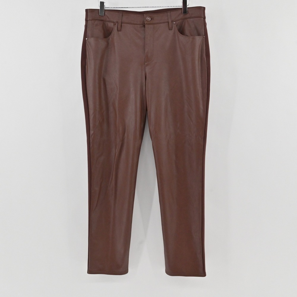Chicos Faux Leather Front Ponte Pants Womens Size  14R Brown Straight Leg Chic